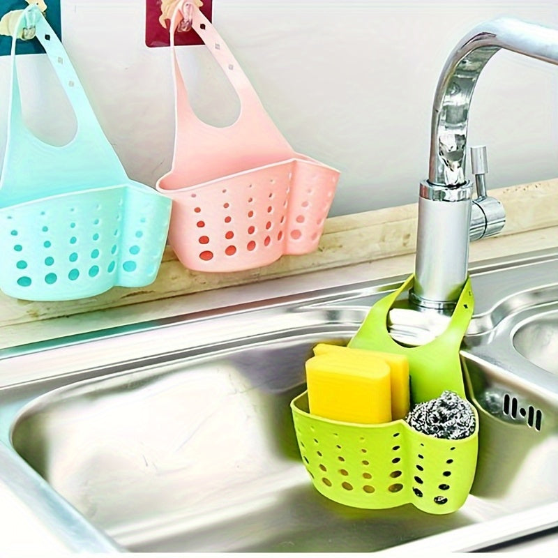2pcs Adjustable Kitchen Sink Storage Rack - Durable Plastic Faucet Sponge Holder with Drainage Holes, Green Countertop Storage Basket Suitable for Sponges, Scrubbers, And Soap Bars, Perforated Design | Sturdy Construction, Kitchen Sink Additions